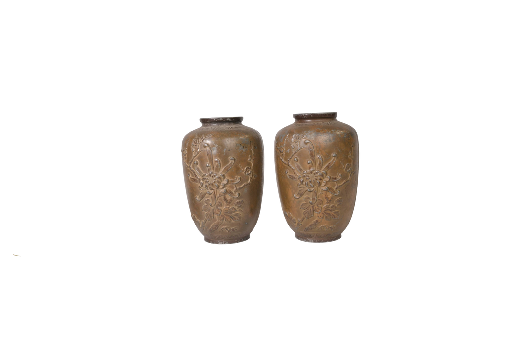 Embossed Antique Brass Vase Pair