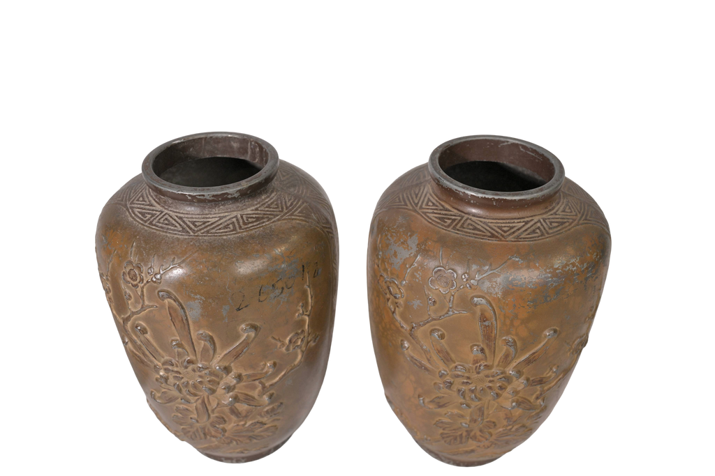 Embossed Antique Brass Vase Pair