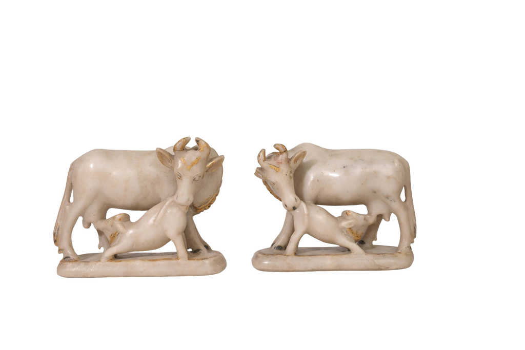 Marble Cow Calf Sculpture Pair