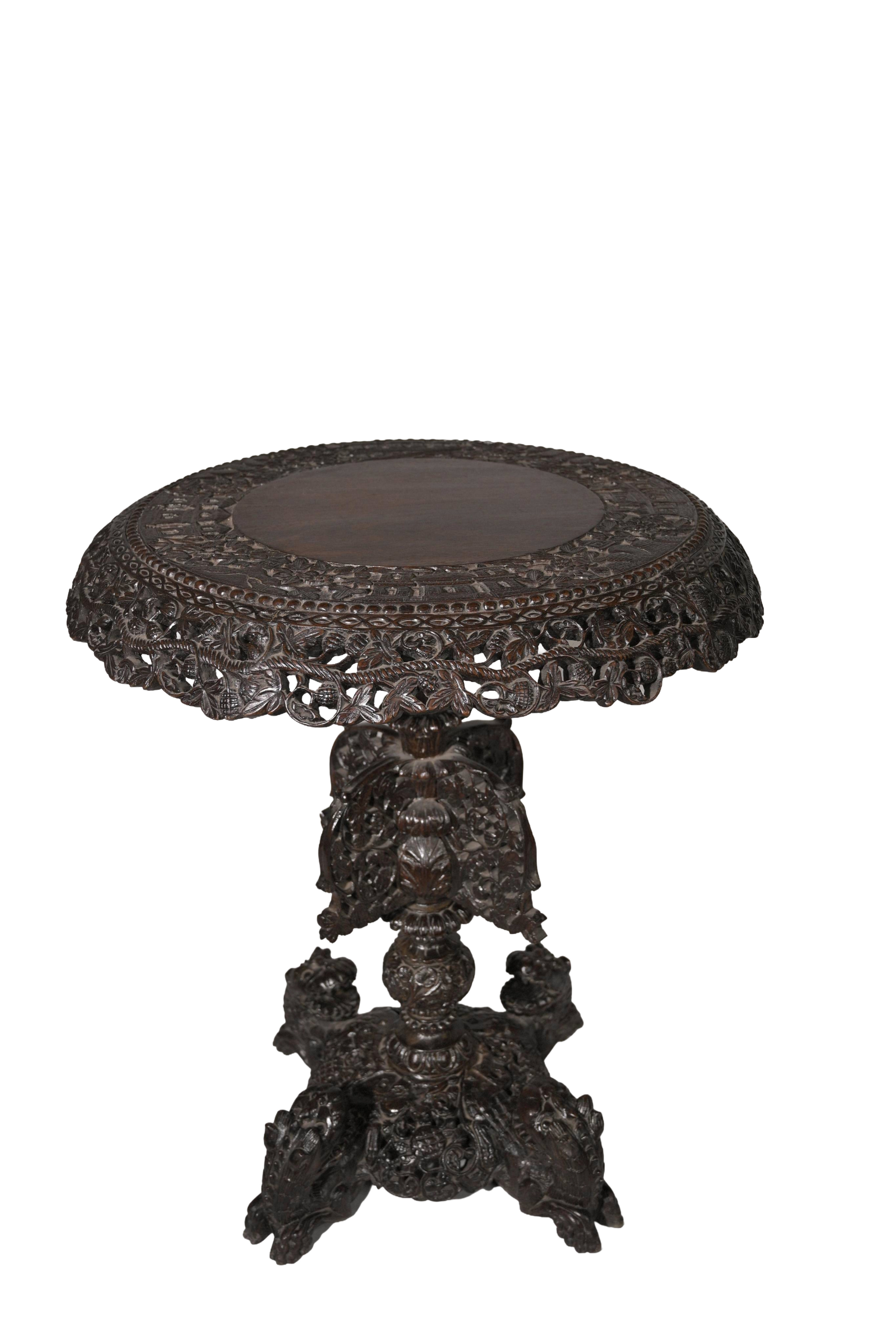 Ornate Vintage Round Pedestal Coffee Table Hand Carved Wood