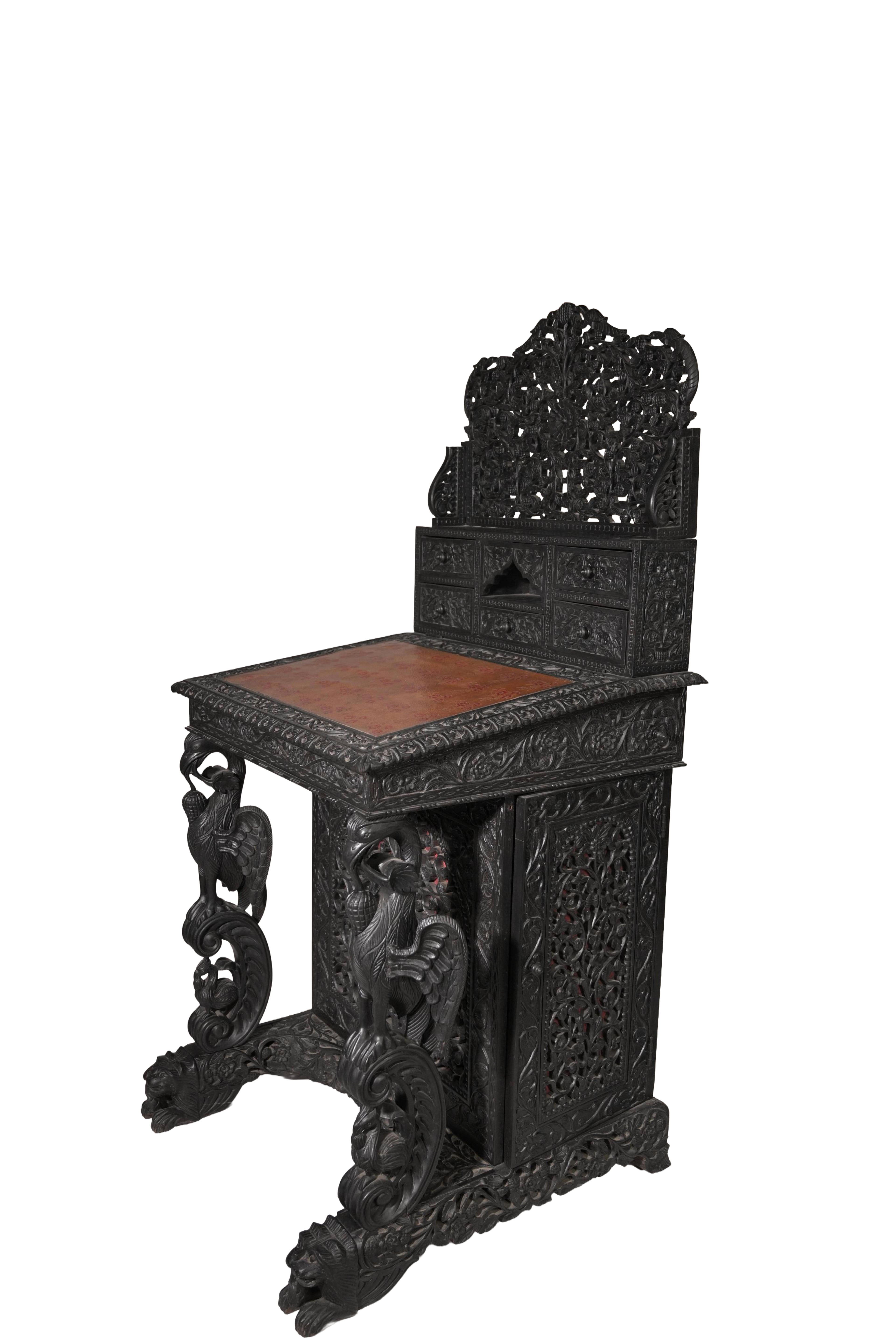 Luxury Antique Hand-Carved Maharaja Writing Desk with Hidden Storage Drawers