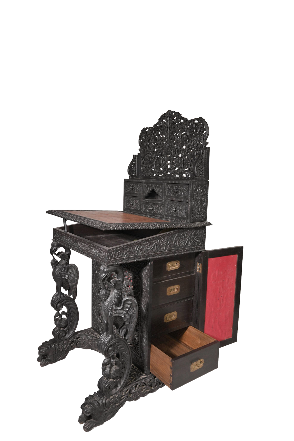Luxury Antique Hand-Carved Maharaja Writing Desk with Hidden Storage Drawers