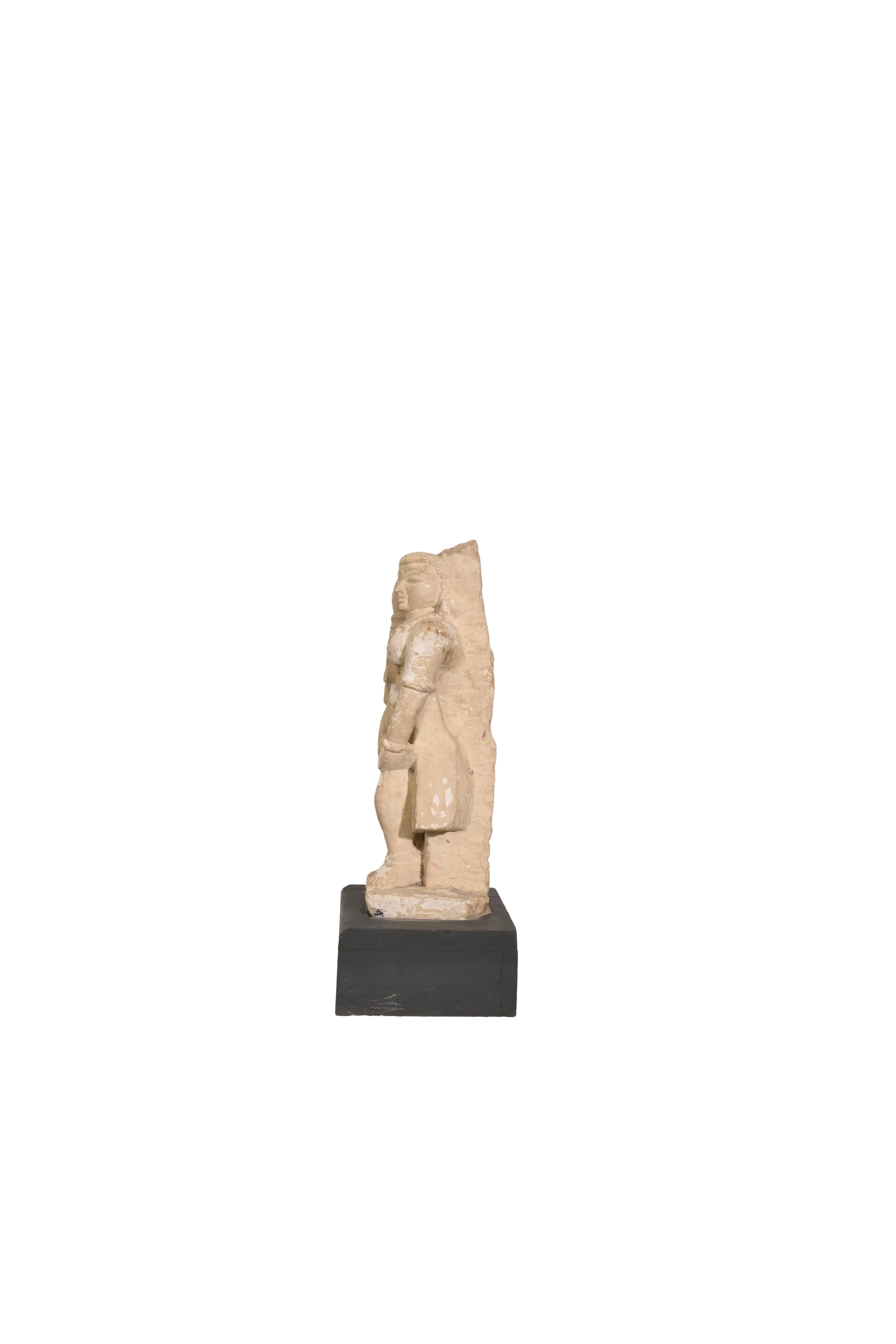 Antique Carved Stone Chauri-Bearer Temple Attendant