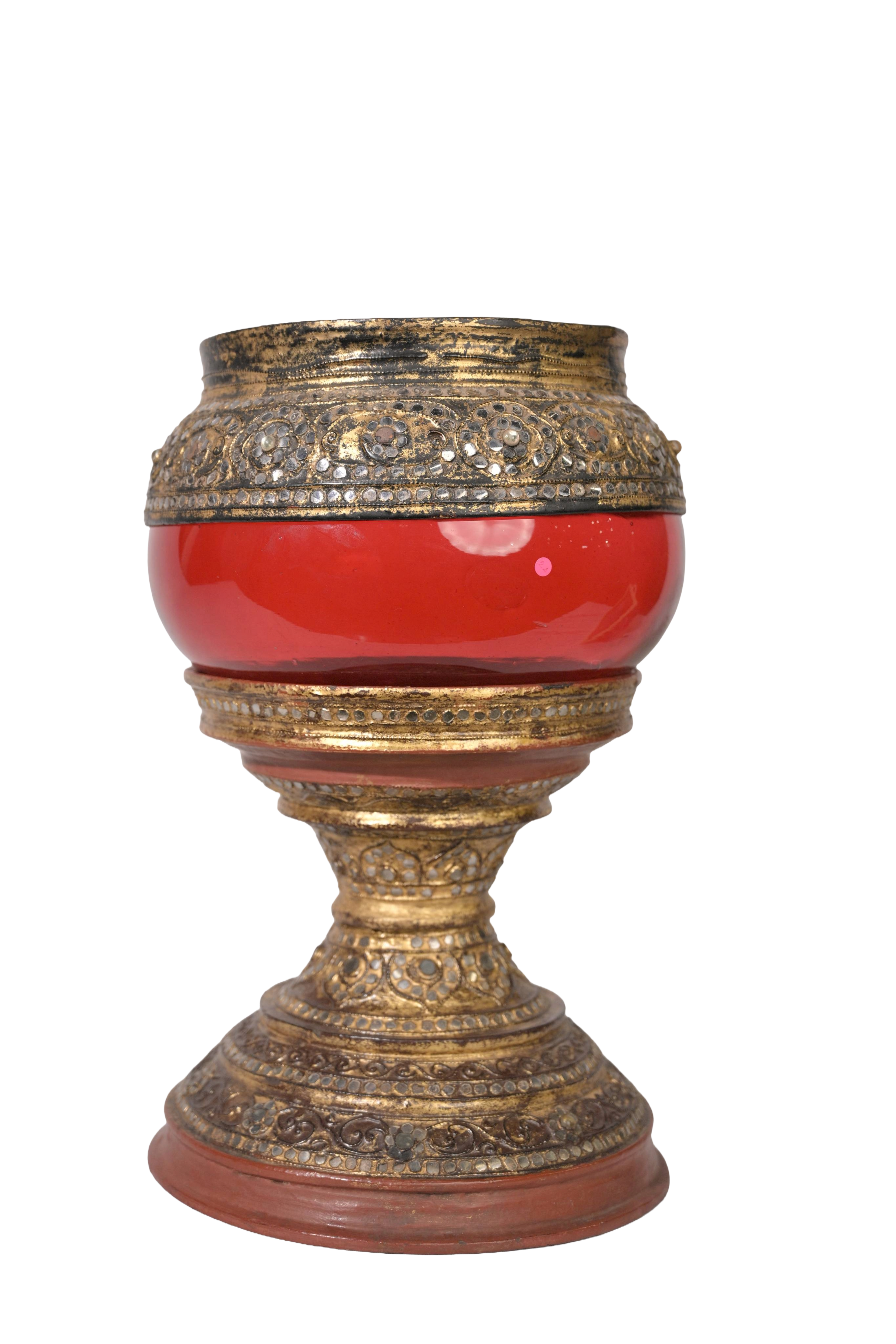 Royal Red Glass and Gilded Offering Bowl