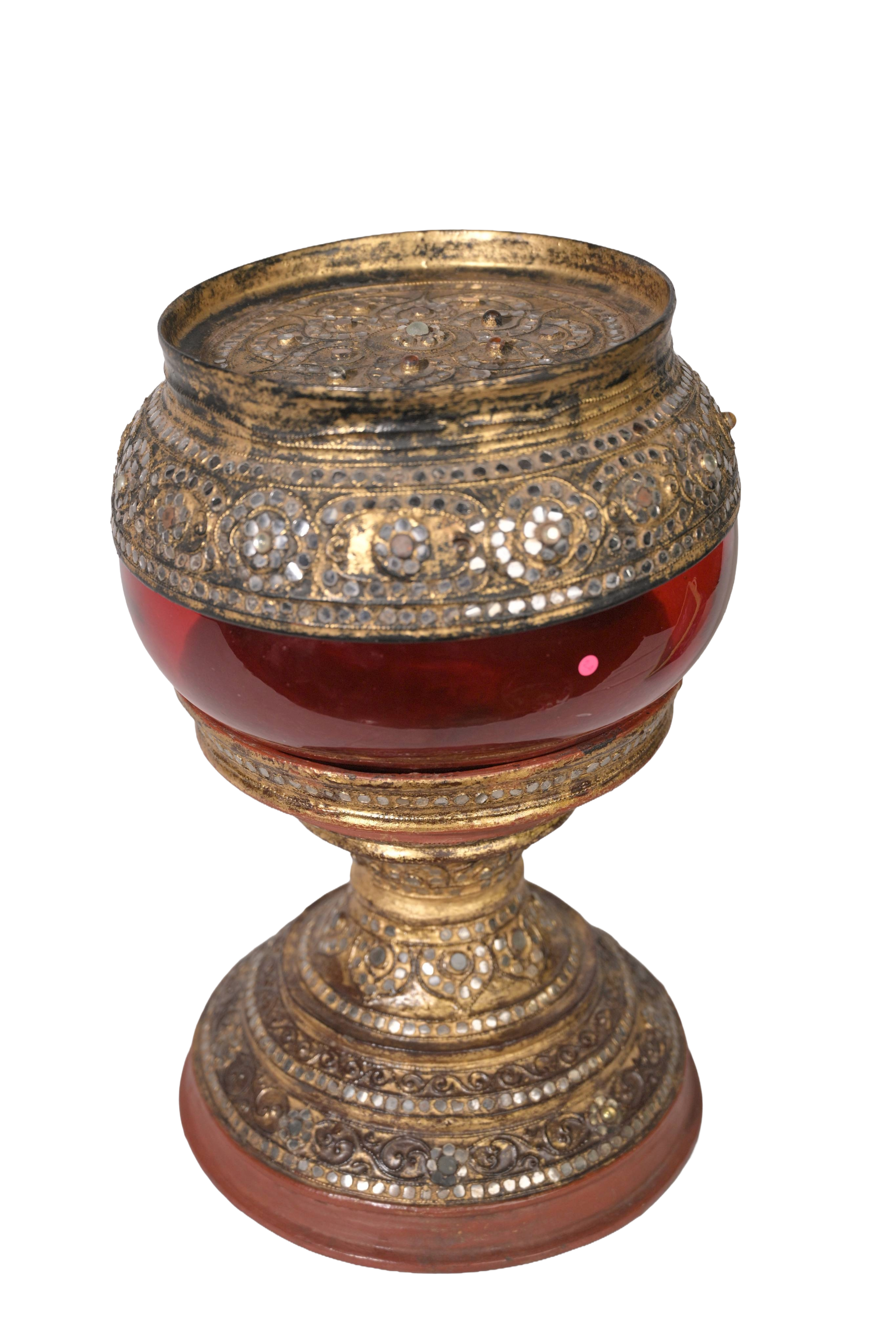 Royal Red Glass and Gilded Offering Bowl