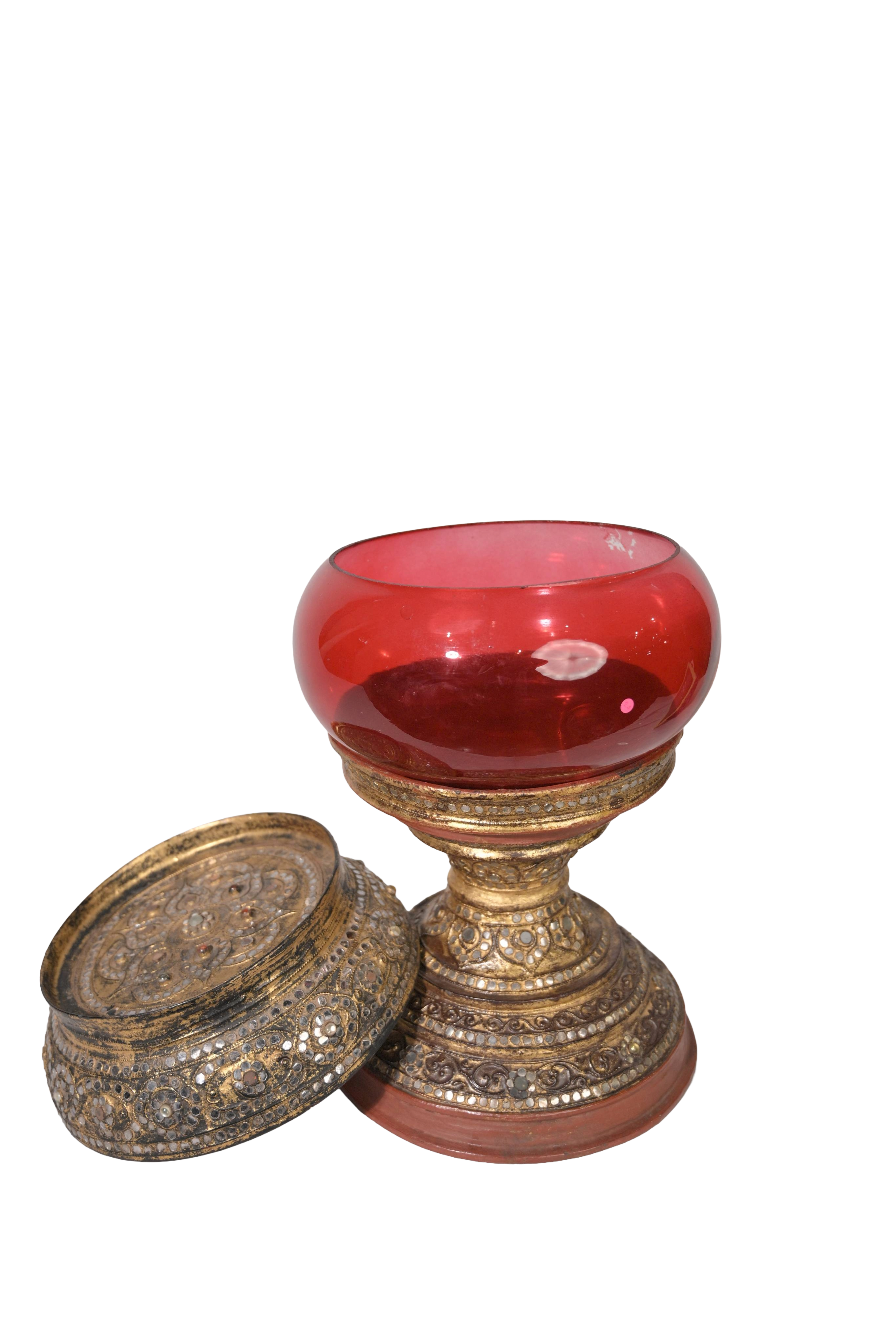 Royal Red Glass and Gilded Offering Bowl