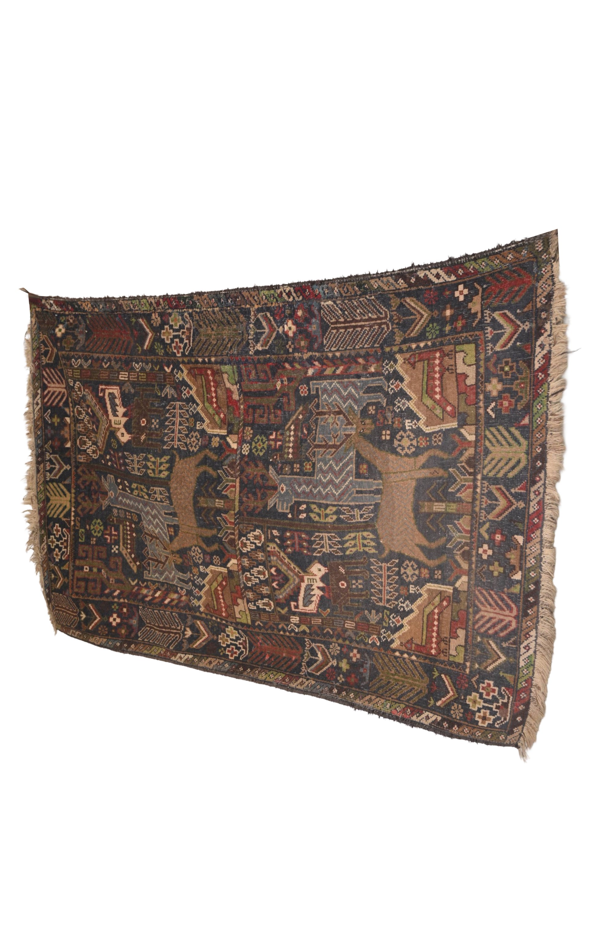 Antique Nomadic Animal Motif Rug