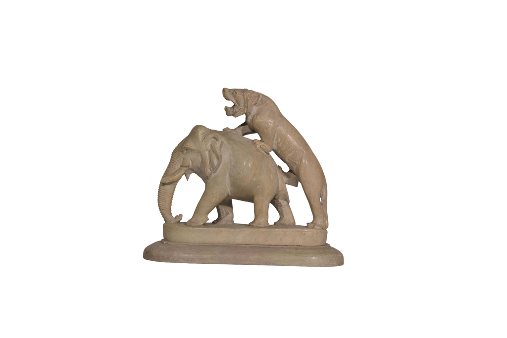 Hand-Carved Elephant Tiger Heritage Sculpture