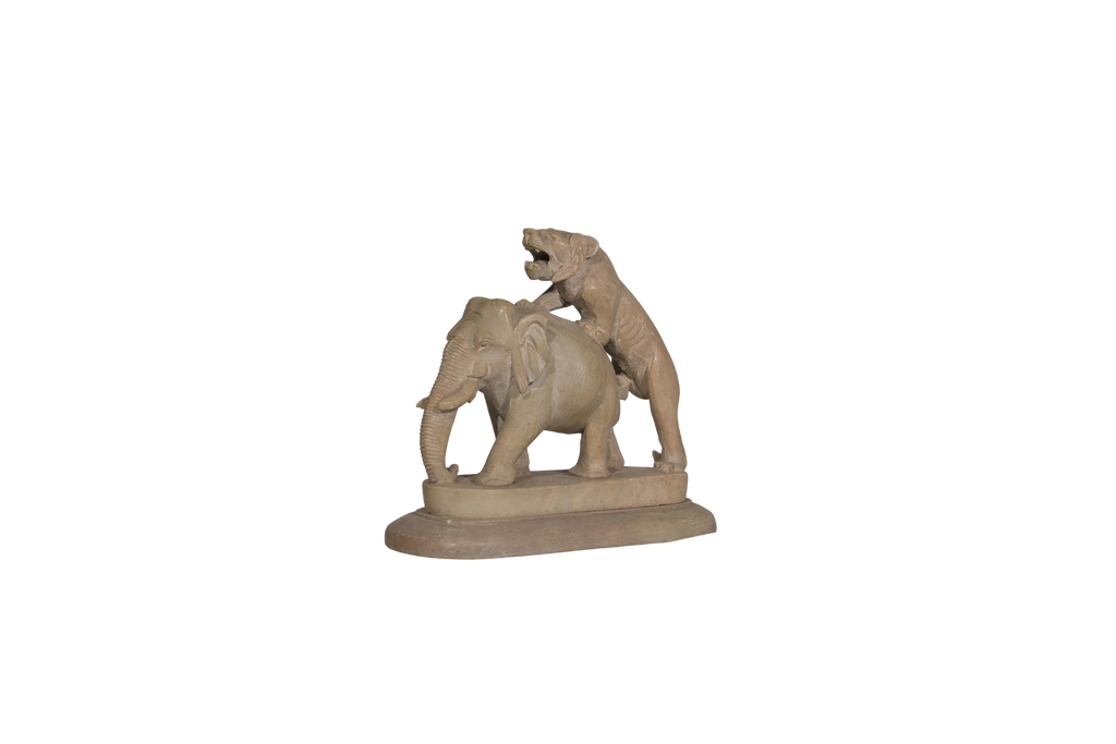 Hand-Carved Elephant Tiger Heritage Sculpture
