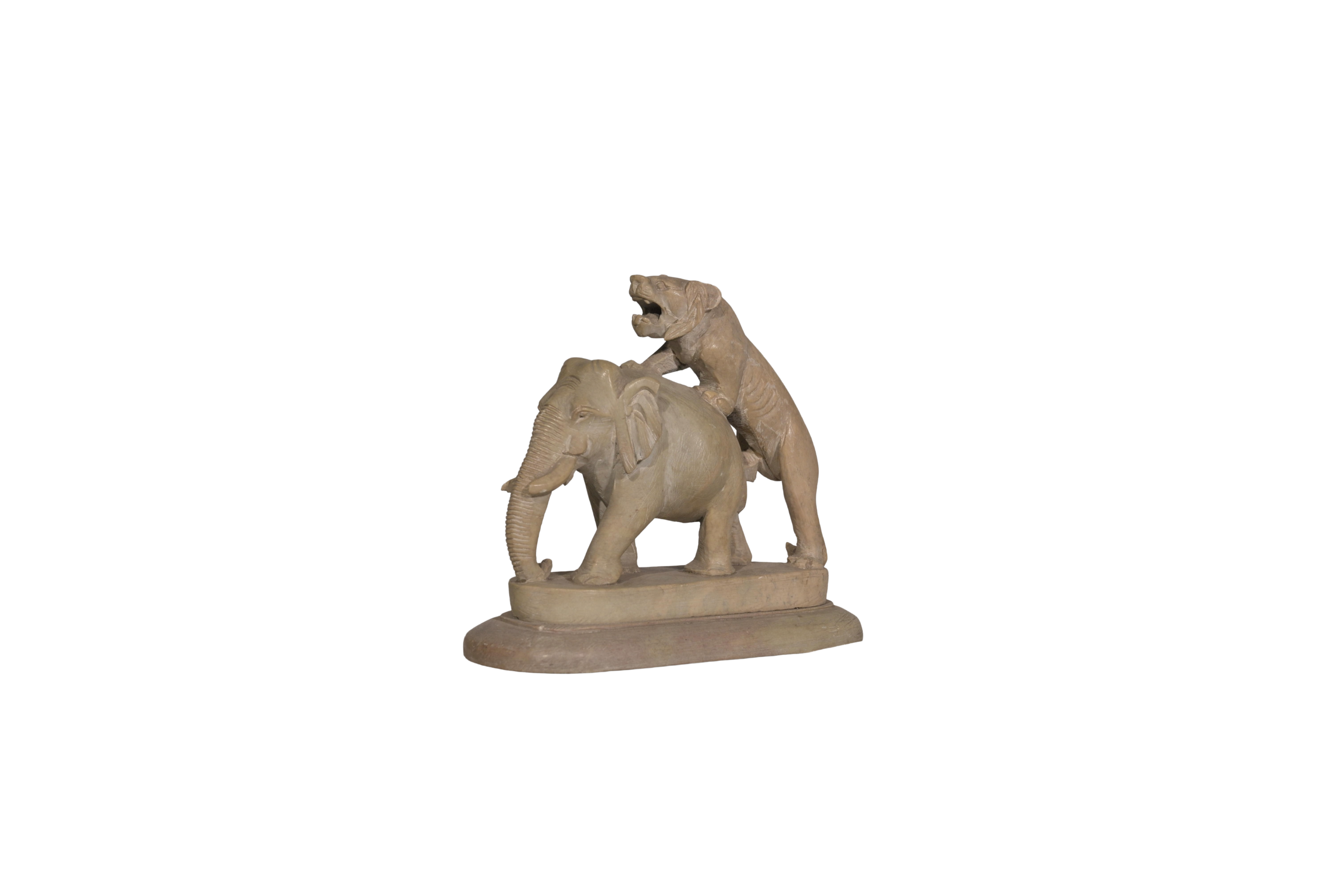 Hand-Carved Elephant Tiger Heritage Sculpture