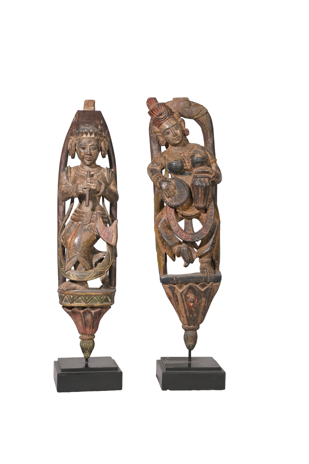 Antique Temple Musician Wall Sculpture Pair