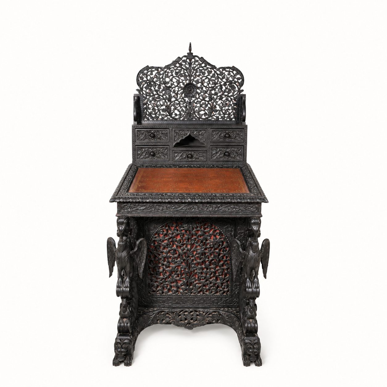 Luxury Antique Hand-Carved Maharaja Writing Desk with Hidden Storage Drawers